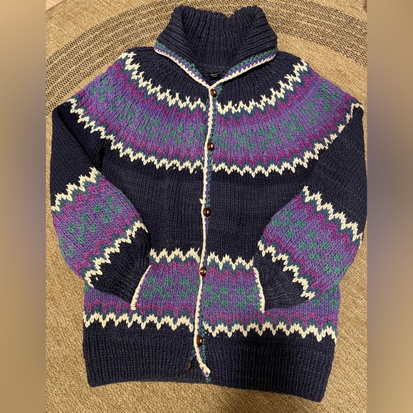 vintage hand-knit chunky wool cardigan sweater Fair Isle pattern blue teal - Picture 7 of 15